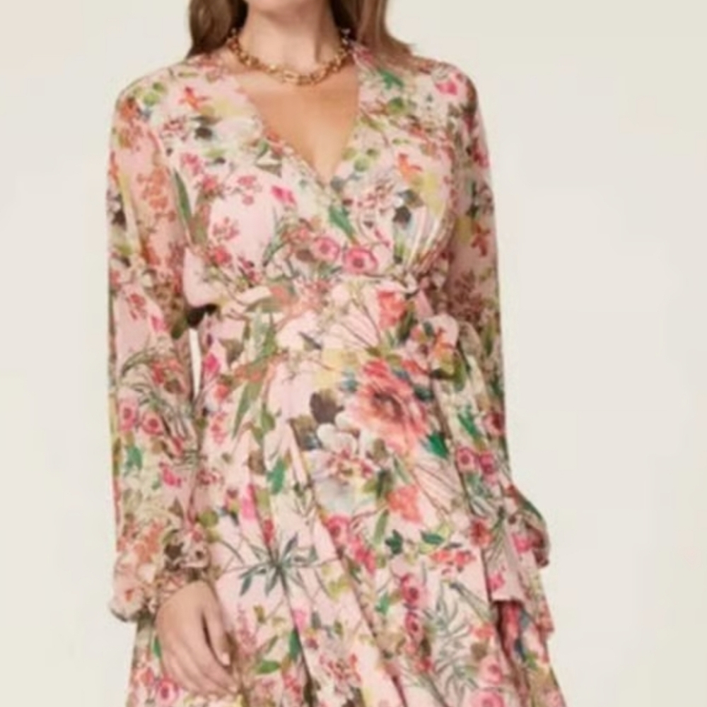 Jay Godrey Floral Pink/Green Wrap fully lined Dress handkerchief hem Size 0 EUC - Picture 2 of 9